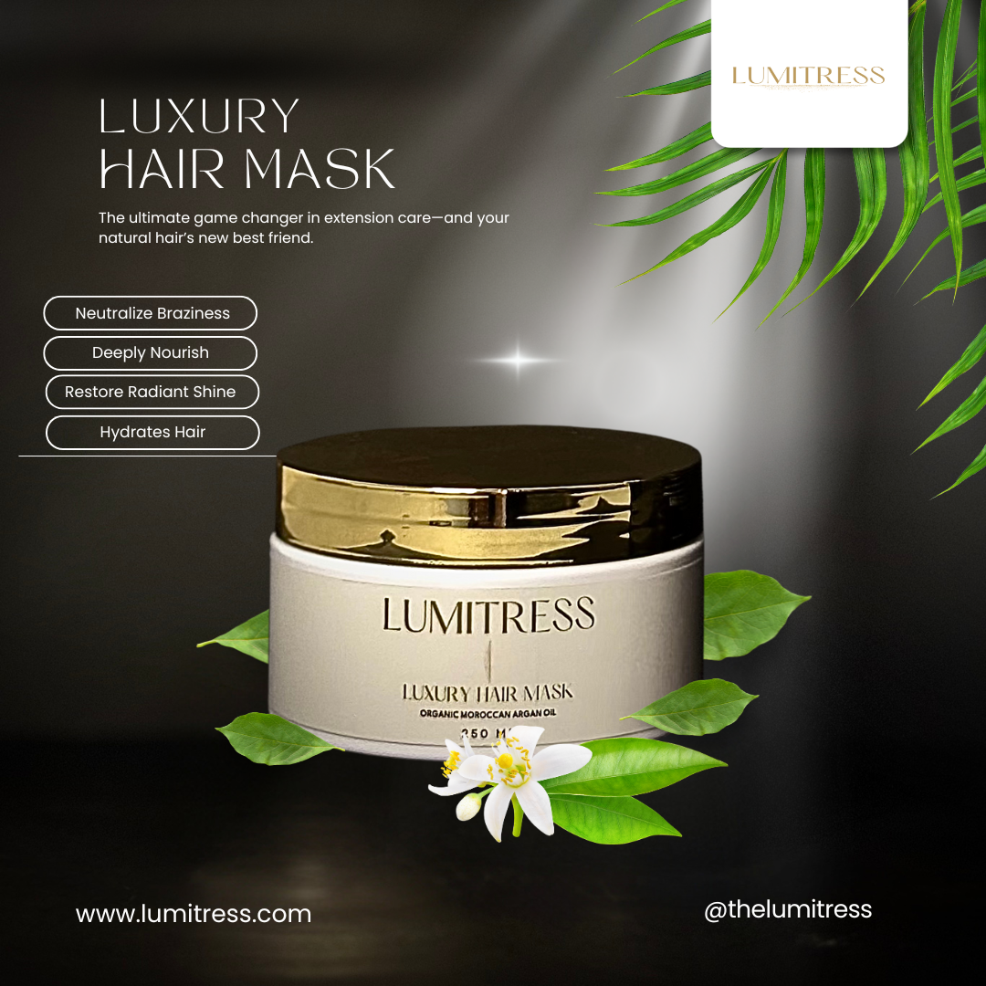Lumitress Luxury Hair Mask jar with green leaves and white flower on a dark background